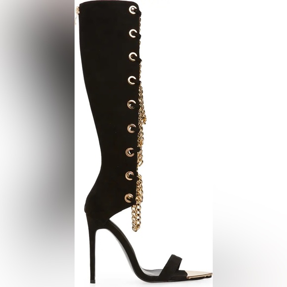 ARAGON BLACK CHAINED KNEE HIGH HEEL - Picture 2 of 6